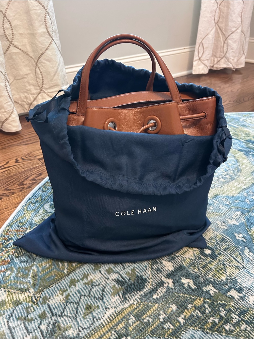 Cole Haan Brown Leather Drawstring Satchel with Navy Dust Bag
